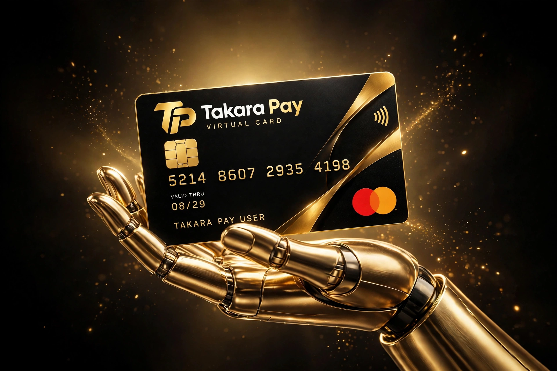 Golden hand holding TAKARA PAY black and gold cards